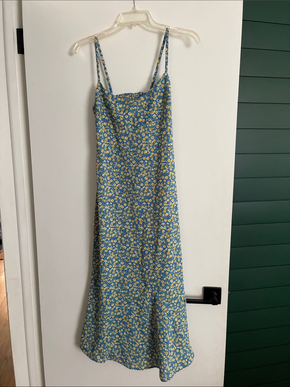 Lulu's Blue Slip Midi Dress with Yellow Floral Print